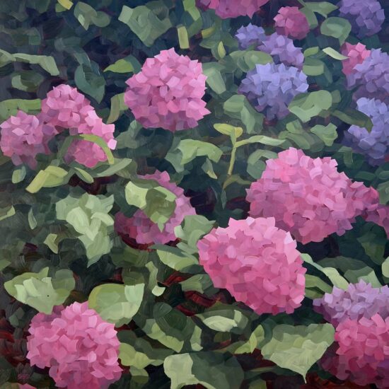 A colorful oil painting of hydrangeas
